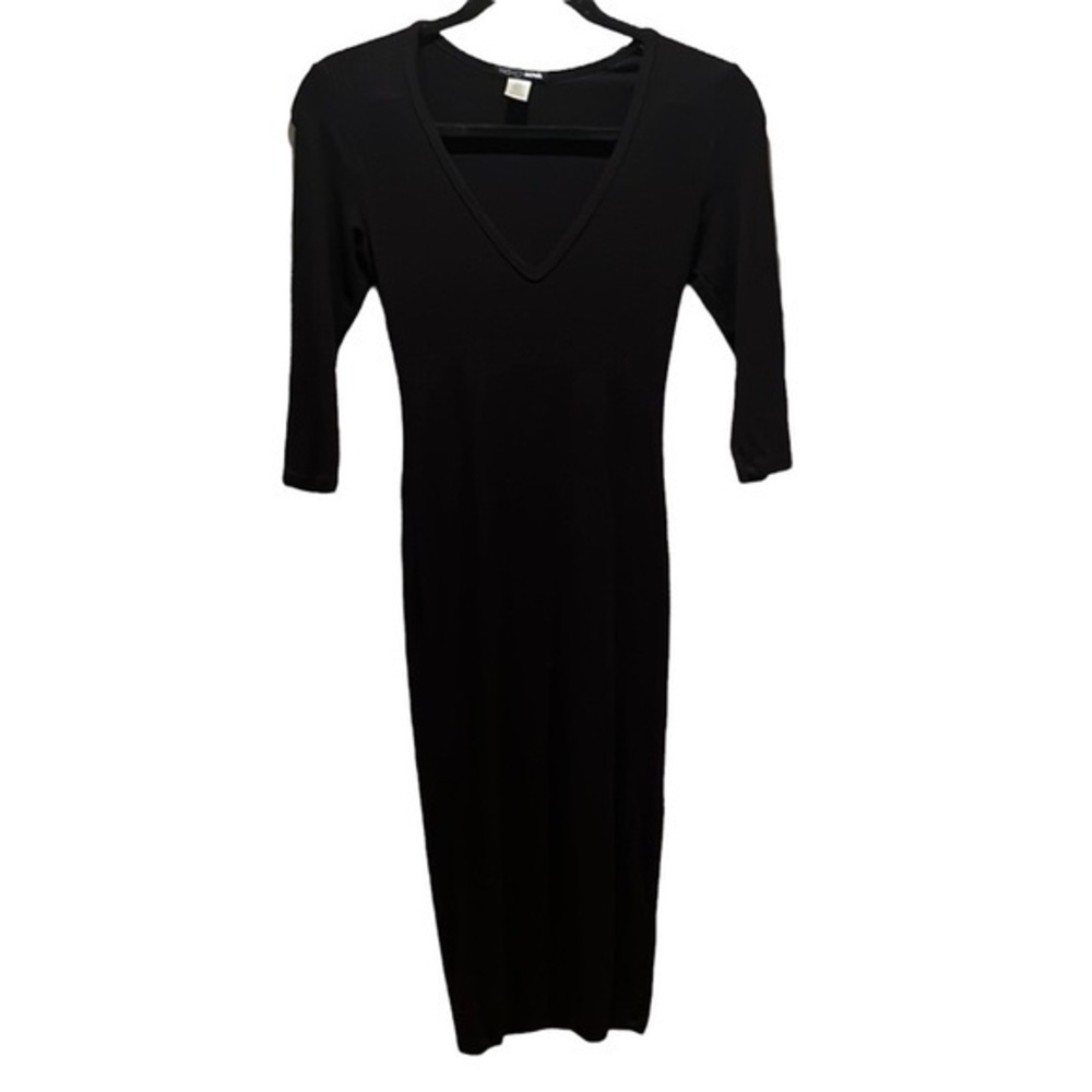 Fashion Nova Black Midi Stretchy Rib Knit V Neck 3/4 Sleeve Dress Size Small